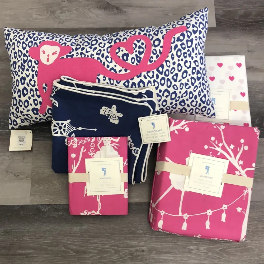 Pottery Barn Kids Hot Pink, Navy & White Printed Bedding Set